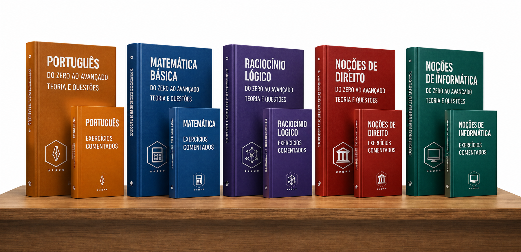 Apostilas e cadernos de exercícios de Português, Matemática Básica, Raciocínio Lógico, Direito Constitucional e Direito Administrativo