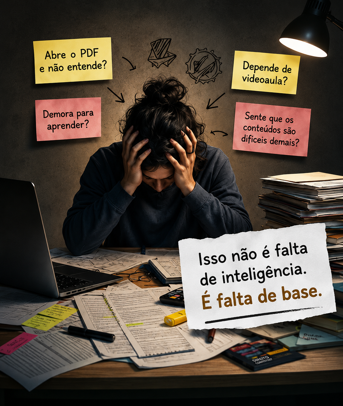 Pessoa estudando em uma mesa cheia de papéis, demonstrando dificuldade e sobrecarga nos estudos